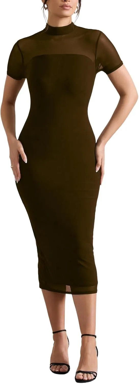 Women's Casual Mesh Short Sleeve Bodycon Mock Neck Keyhole Back Slim Club Party Midi Dresses
