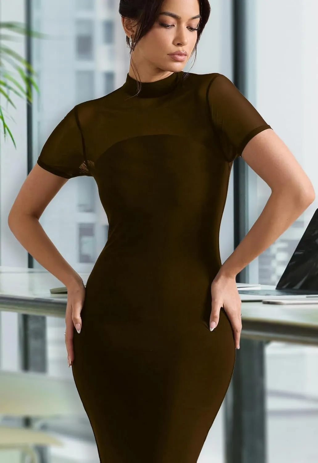 Women's Casual Mesh Short Sleeve Bodycon Mock Neck Keyhole Back Slim Club Party Midi Dresses