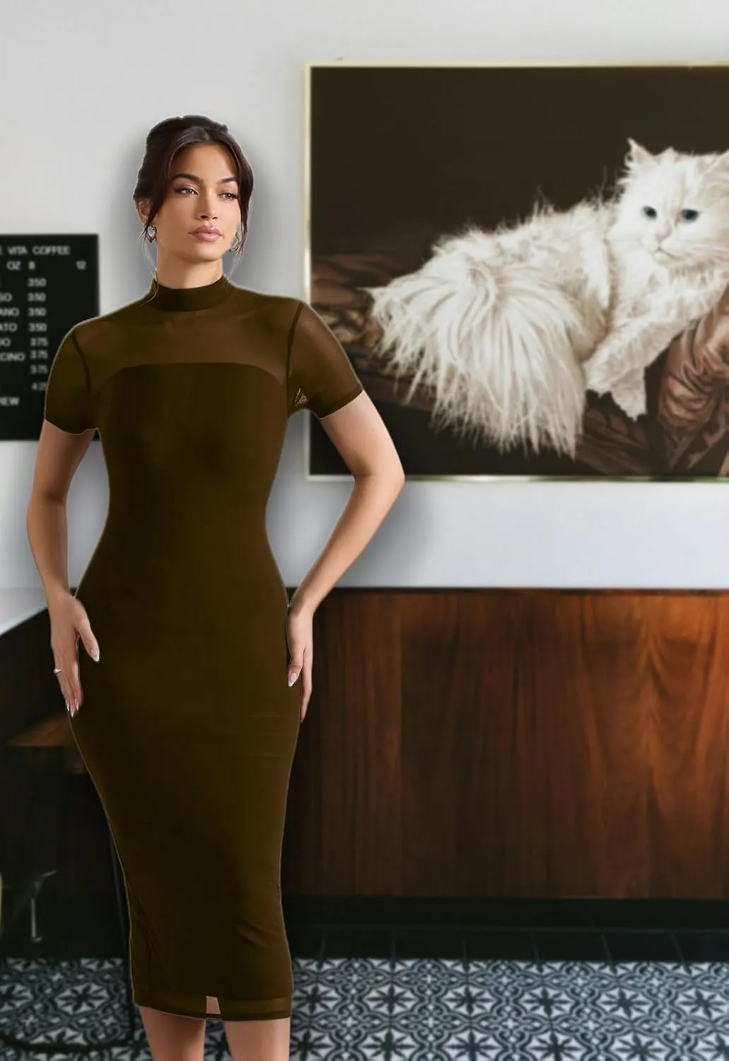 Women's Casual Mesh Short Sleeve Bodycon Mock Neck Keyhole Back Slim Club Party Midi Dresses