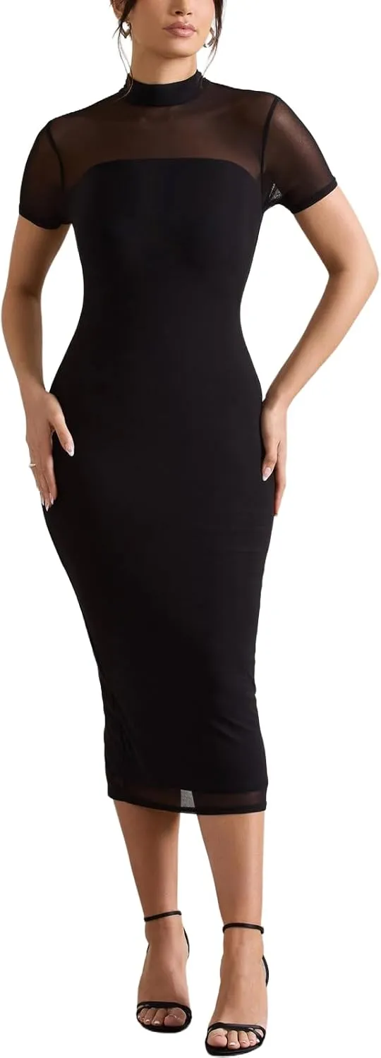 Women's Casual Mesh Short Sleeve Bodycon Mock Neck Keyhole Back Slim Club Party Midi Dresses