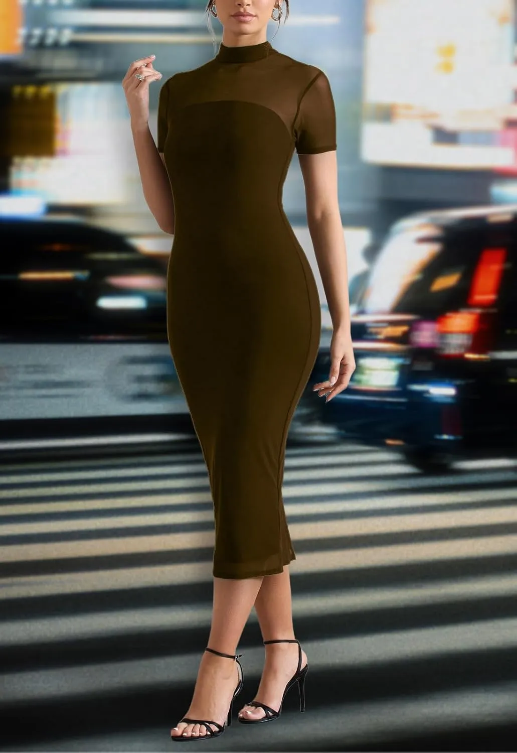 Women's Casual Mesh Short Sleeve Bodycon Mock Neck Keyhole Back Slim Club Party Midi Dresses