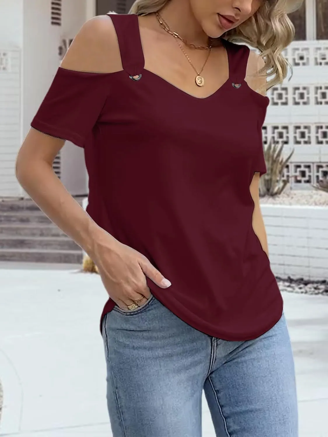 Womens Fashion Cold Shoulder Tops V Neck Blouse Tunic Shirts Summer Short Sleeve T Shirts