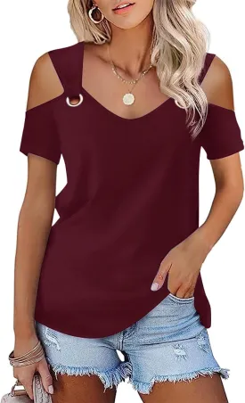 Womens Fashion Cold Shoulder Tops V Neck Blouse Tunic Shirts Summer Short Sleeve T Shirts
