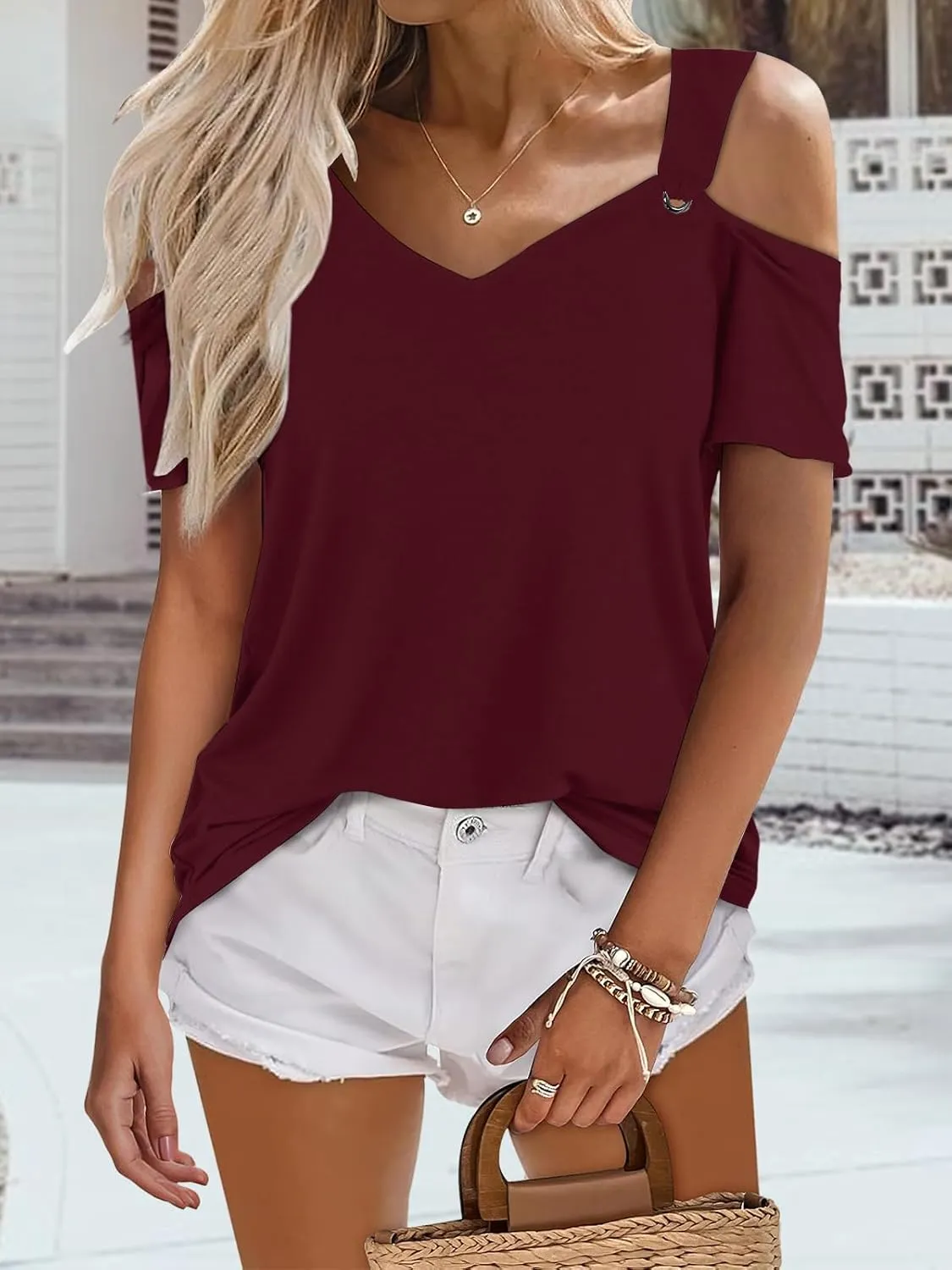 Womens Fashion Cold Shoulder Tops V Neck Blouse Tunic Shirts Summer Short Sleeve T Shirts