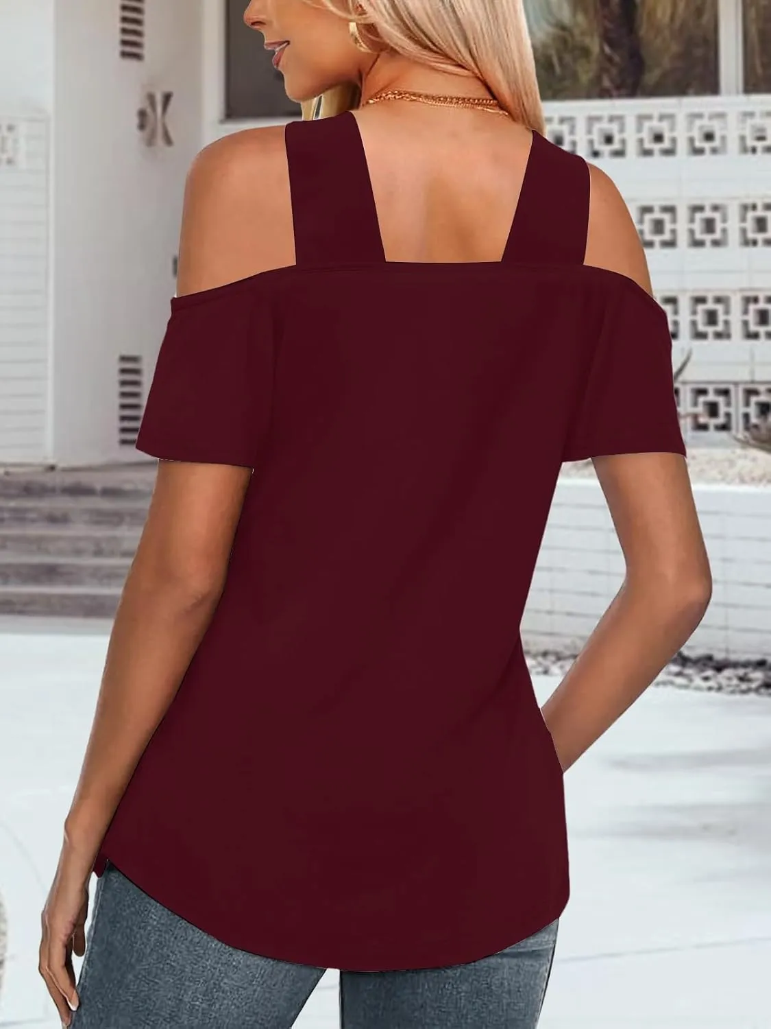 Womens Fashion Cold Shoulder Tops V Neck Blouse Tunic Shirts Summer Short Sleeve T Shirts