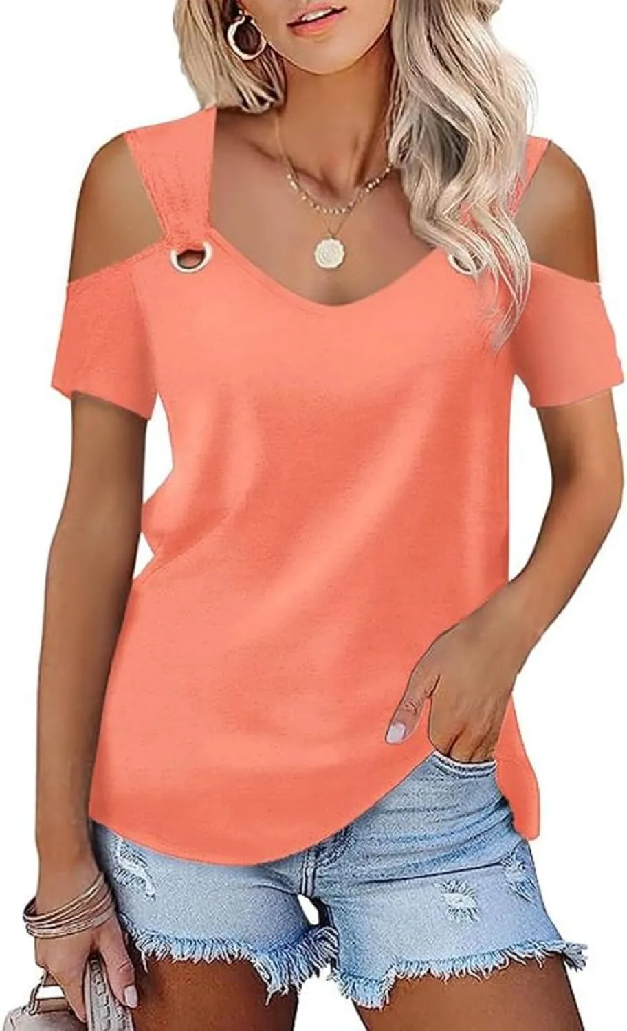 Womens Fashion Cold Shoulder Tops V Neck Blouse Tunic Shirts Summer Short Sleeve T Shirts