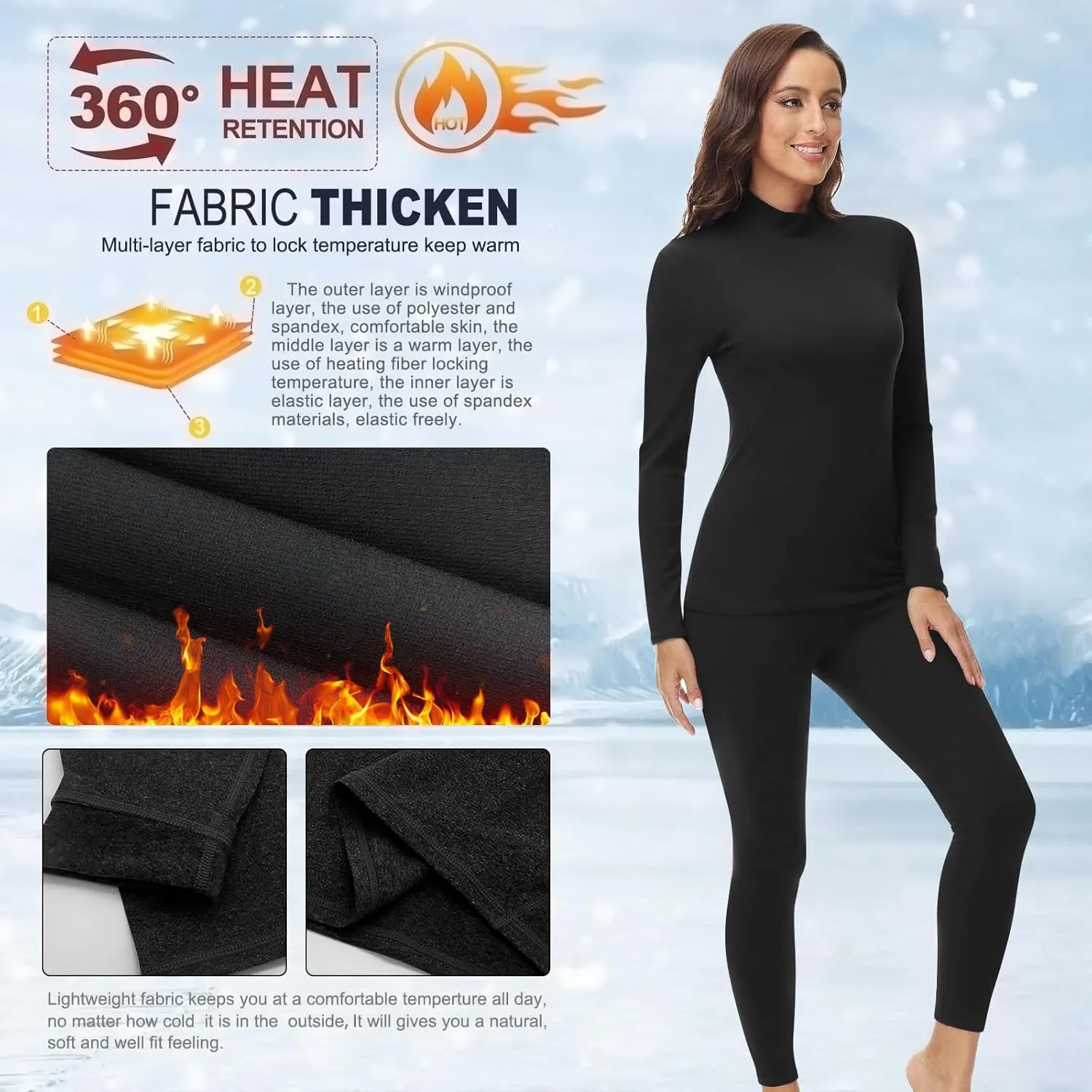 Women's Mock Neck Thermal Underwear Winter Fleece Ultra-Soft Warm Base Layer Set