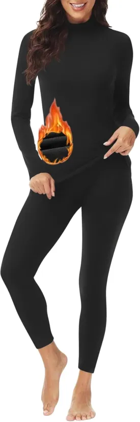 Women's Mock Neck Thermal Underwear Winter Fleece Ultra-Soft Warm Base Layer Set