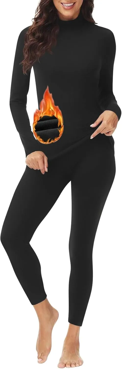 Women's Mock Neck Thermal Underwear Winter Fleece Ultra-Soft Warm Base Layer Set