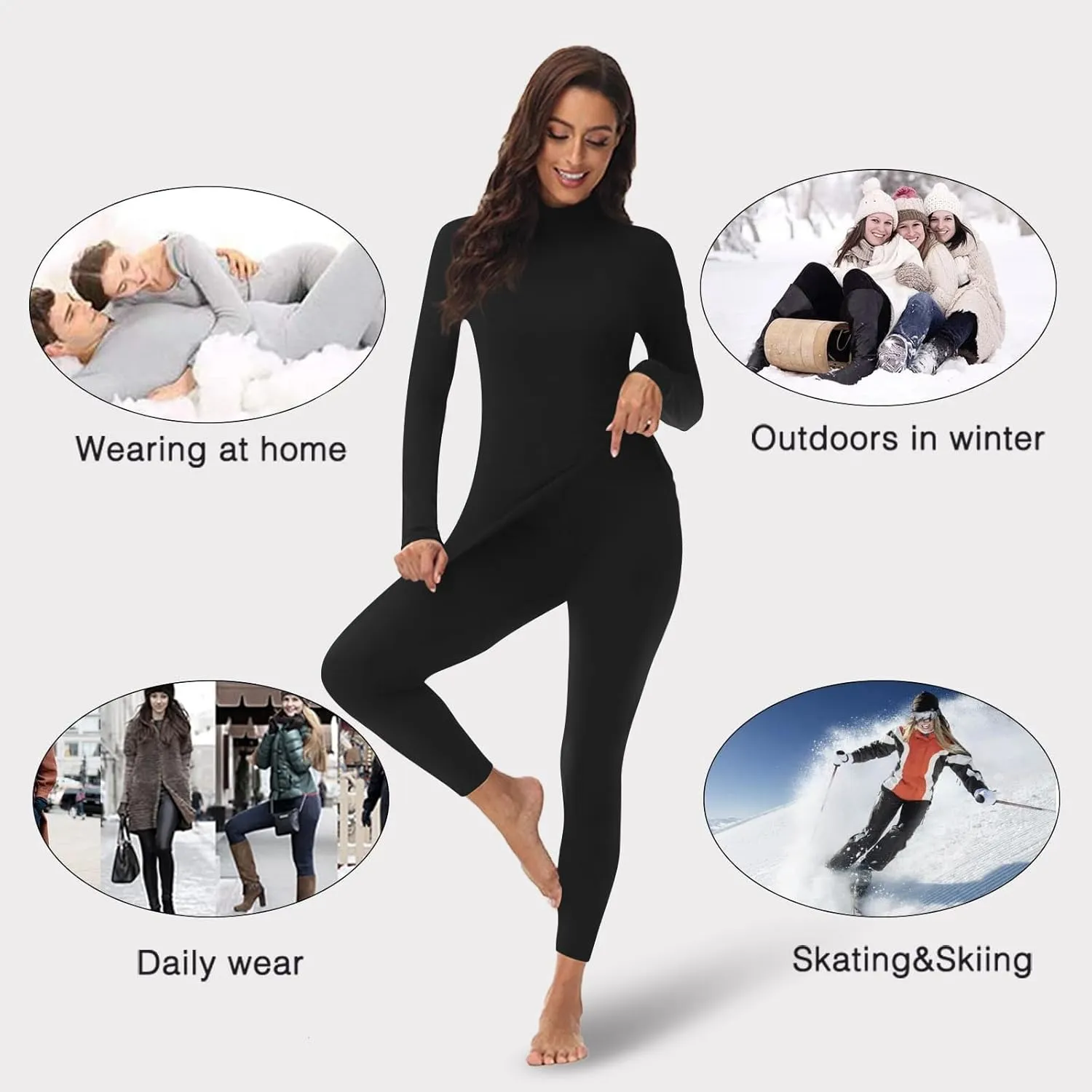 Women's Mock Neck Thermal Underwear Winter Fleece Ultra-Soft Warm Base Layer Set