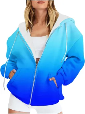 Womens Zip Up Hoodies Sherpa Lined Fleece Thermal Jacket Full Zip Long Sleeve Sweatshirts Gradient Color Shirts Coat