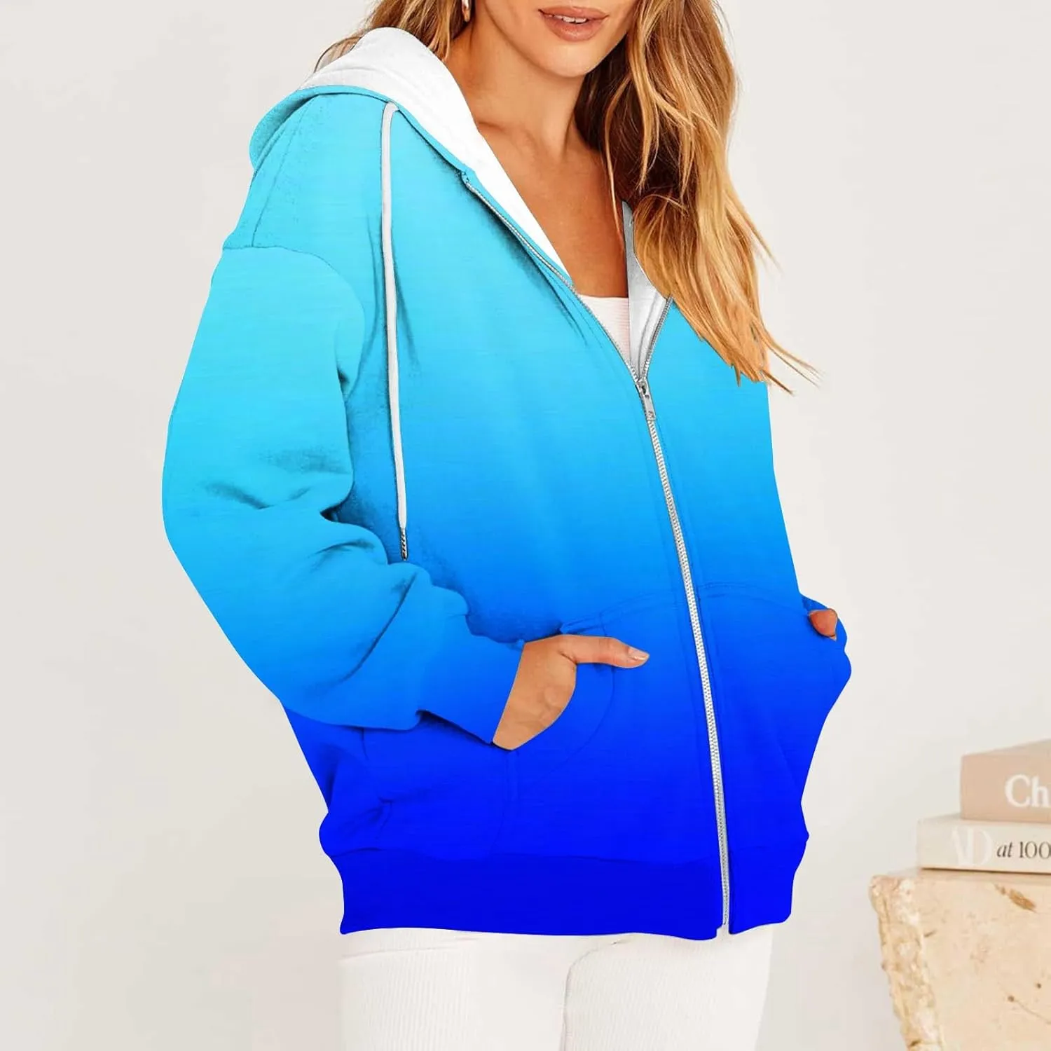 Womens Zip Up Hoodies Sherpa Lined Fleece Thermal Jacket Full Zip Long Sleeve Sweatshirts Gradient Color Shirts Coat